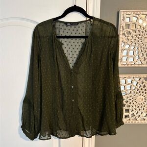 Zara Dark Green Sheer Polka Dot Blouse
